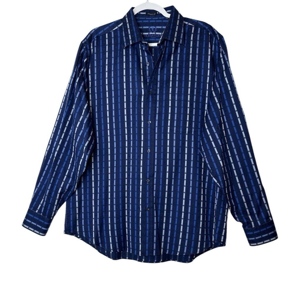 Bugatchi Shirt Mens XL Blue Striped Baroque Paisley Classic Fit Button Up Preppy